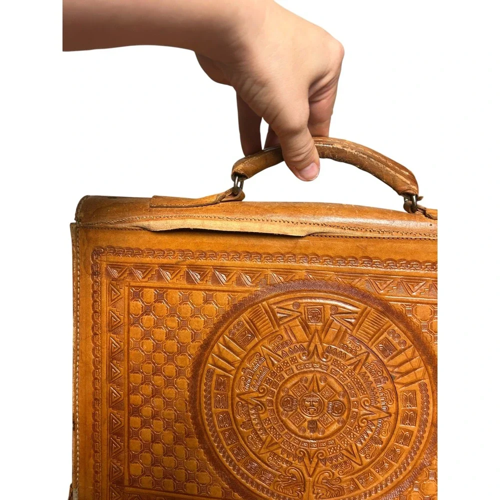 Vintage Mexican Hand Tooled Leather Briefcase Aztec Calendar Eagle Satchel Bag